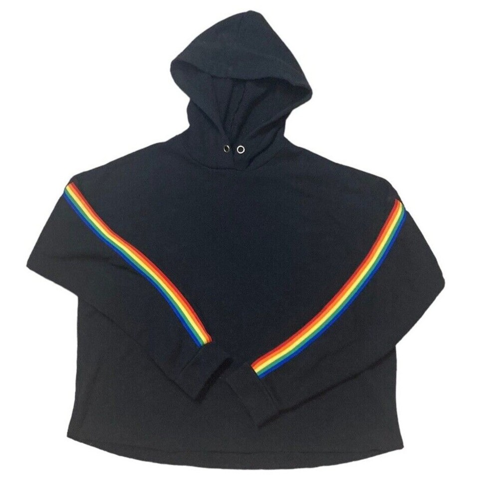 Justify Rainbow Hoodie Black Rainbow Stripe long Sleeve cropped bottom L